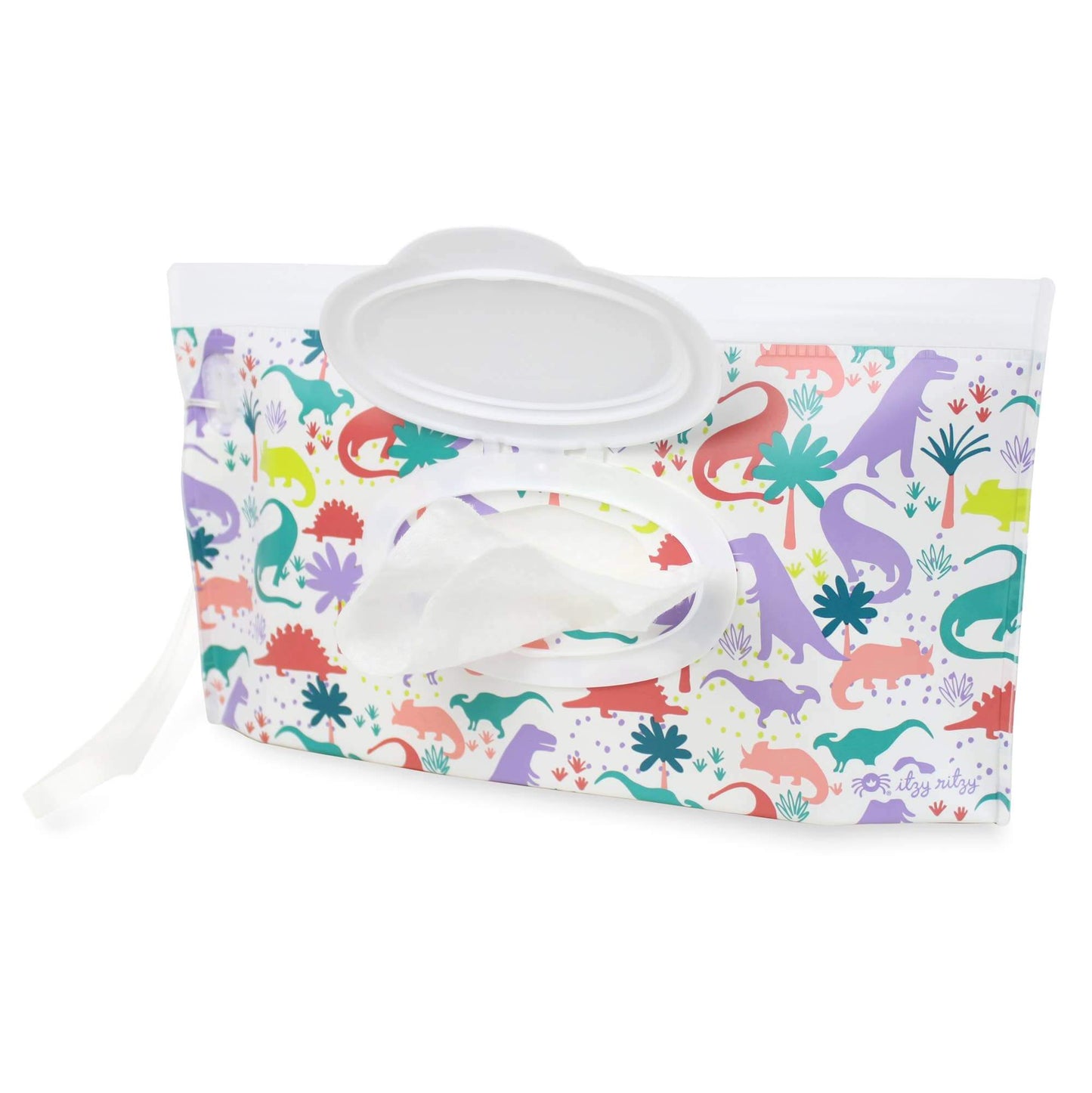Take & Travel™ Pouch Reusable Wipes Case with Darling Dinos design, featuring snug seal and silicone wristlet for freshness and convenience.