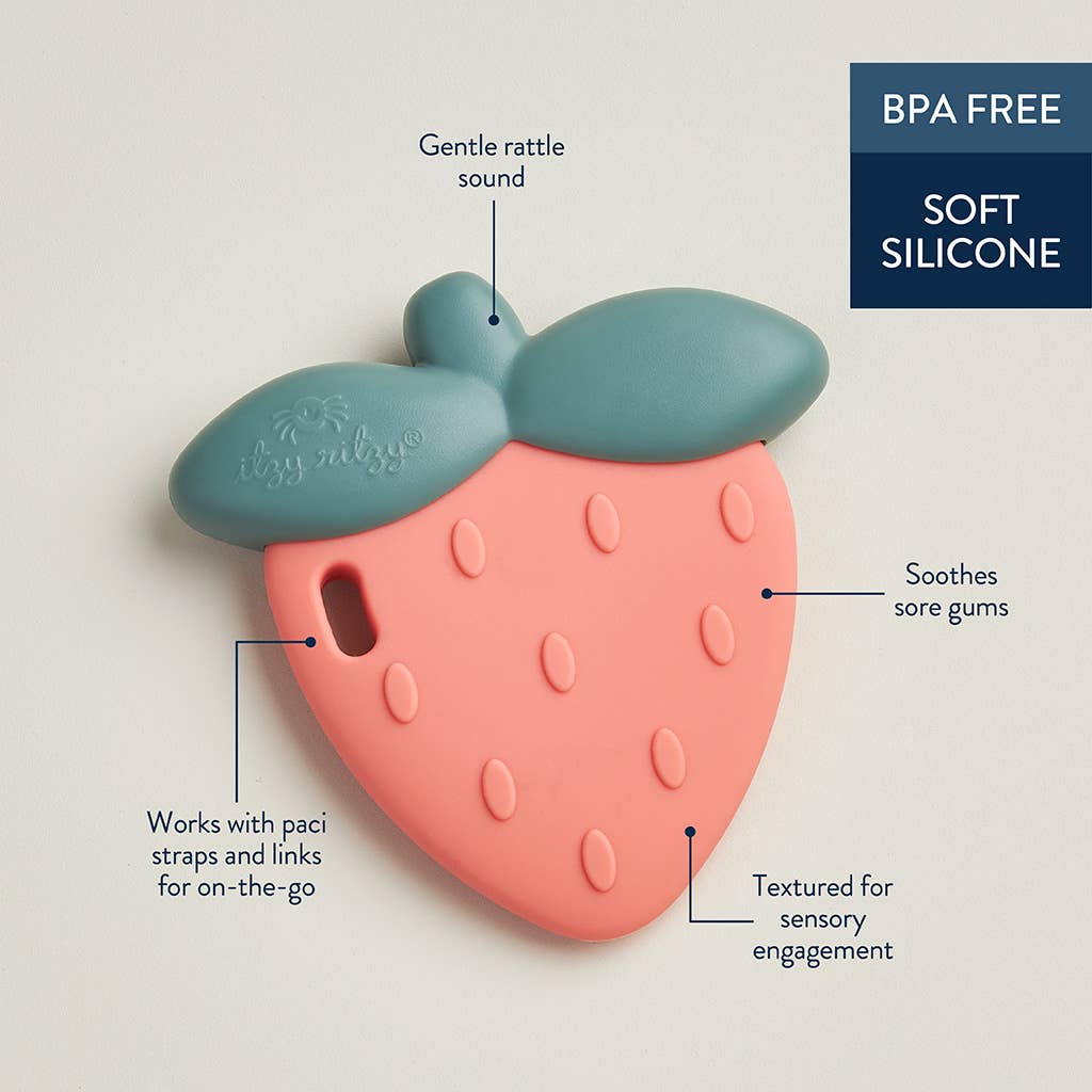 BPA-free soft silicone Strawberry Sweetie Rattle™ teether with gentle rattle sound, soothing textures for sore gums, and sensory engagement features.