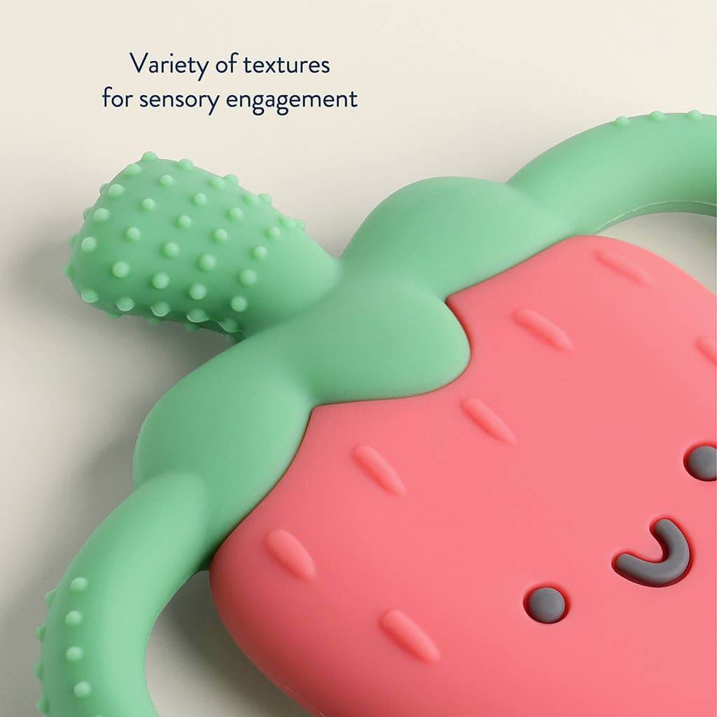 Itzy Ritzy strawberry-shaped silicone teether with textured surface and easy-to-hold handles for soothing baby's sore gums.