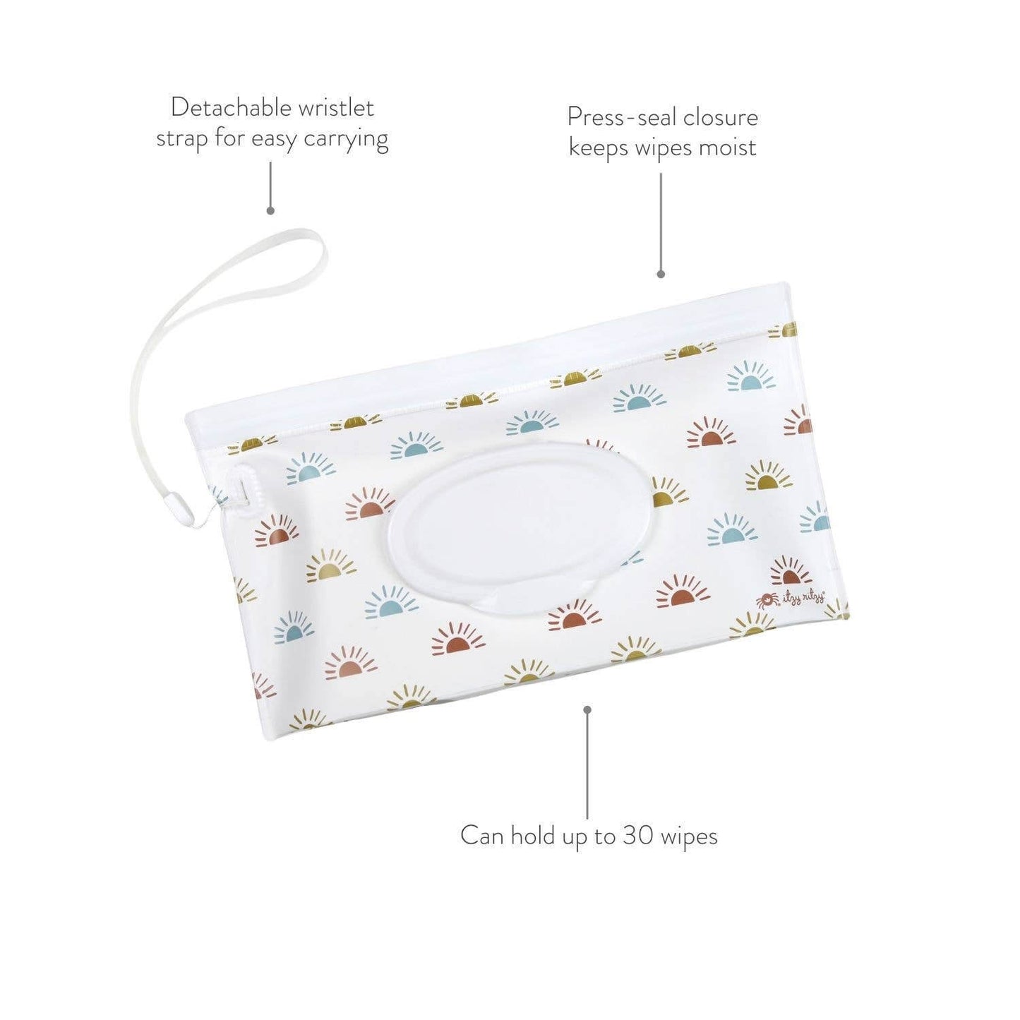 Take & Travel™ Rainbow Wipes Case with detachable wristlet and press-seal closure, holds up to 30 wipes for eco-friendly on-the-go use