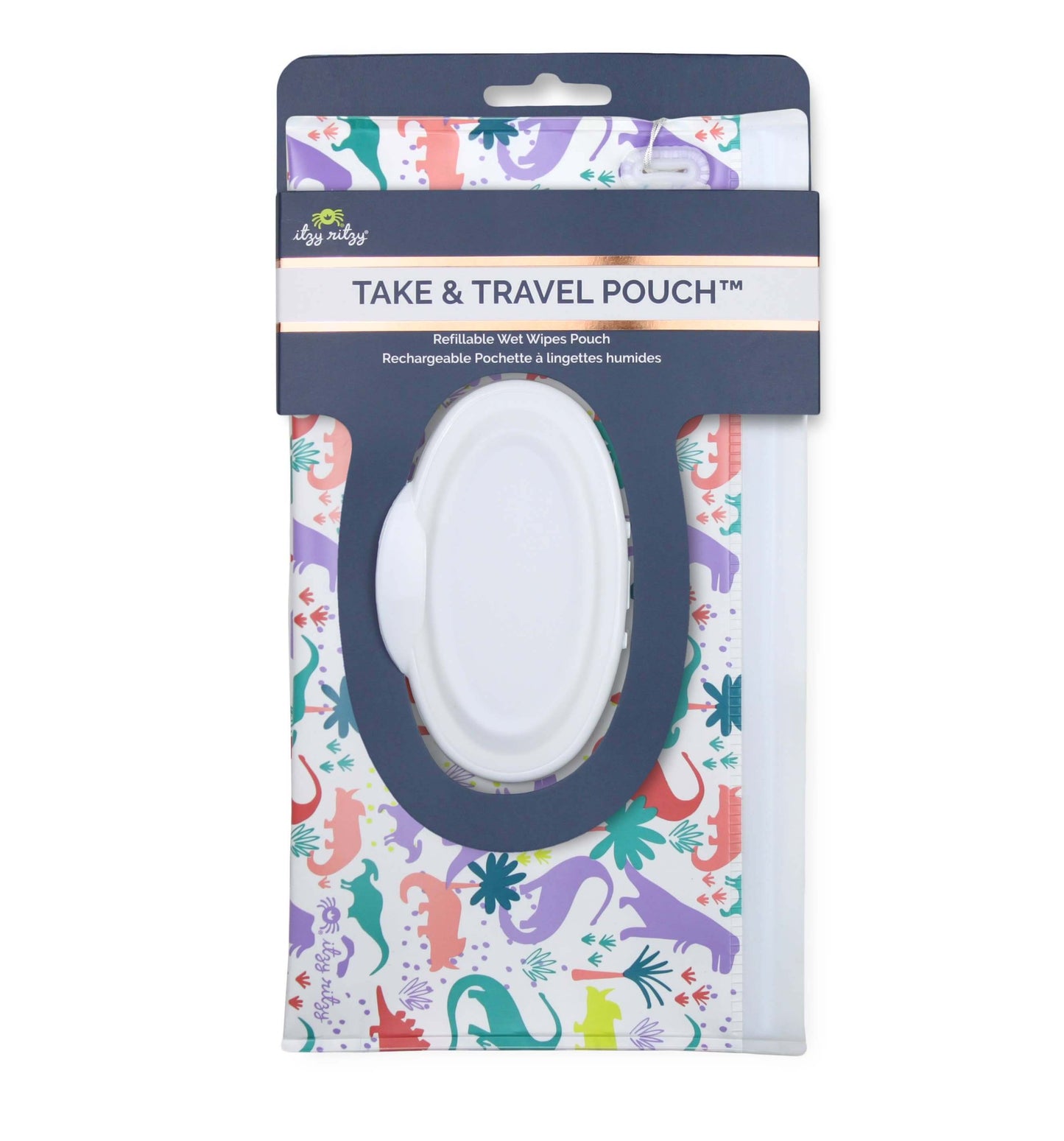 Take & Travel Pouch Reusable Wipes Case with Darling Dinos design, snug seal for freshness, and silicone wristlet for convenience