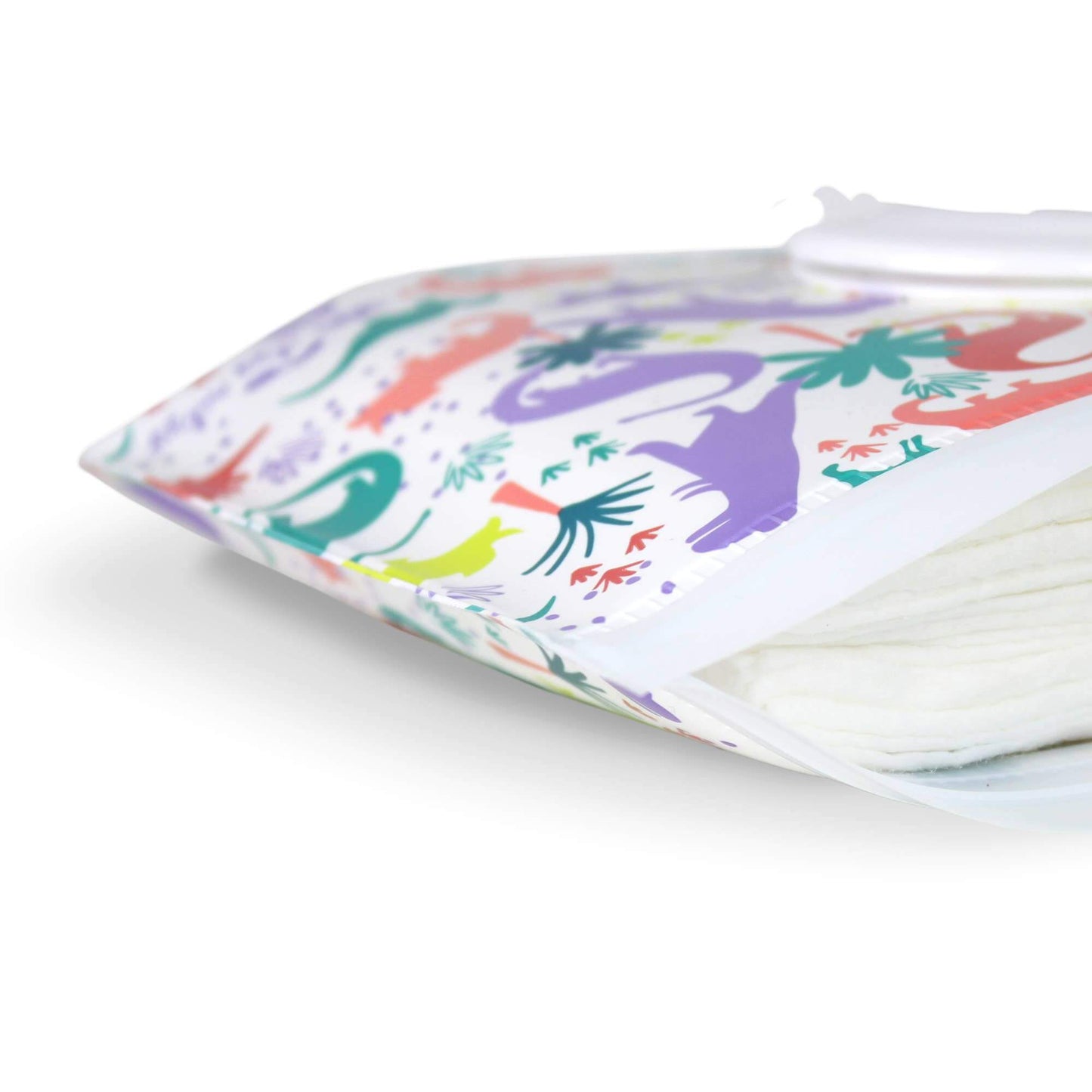 Take & Travel™ Pouch Reusable Wipes Case in Darling Dinos pattern showing fresh wipes and snug seal for eco-friendly convenience.