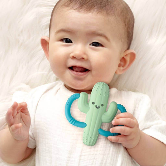 Baby holding Itzy Ritzy's Cooper the Cactus silicone teether with easy-to-hold handles for teething relief.