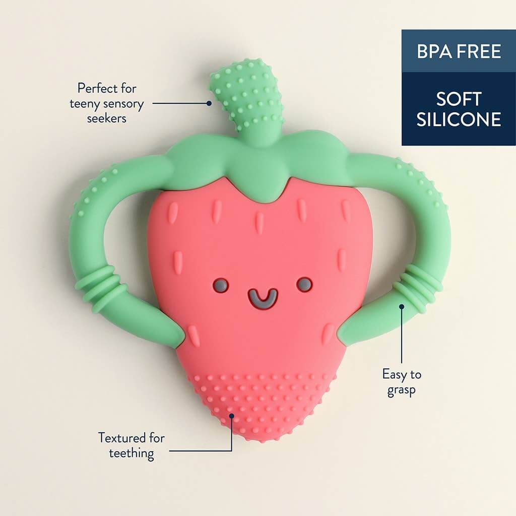 Bonnie the Strawberry silicone teether with easy-to-hold handles and textured surfaces, perfect for teething babies, BPA free.