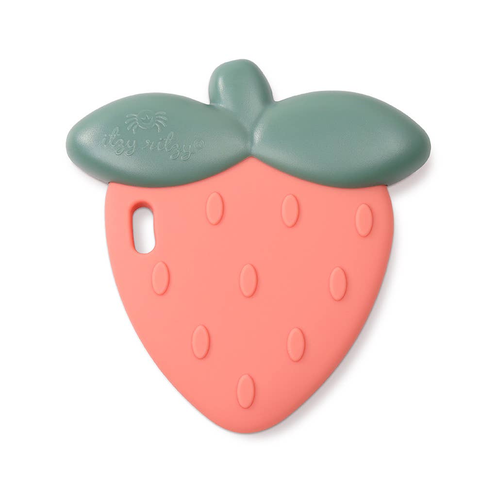 Strawberry-shaped silicone Sweetie Rattle™ teether with textured surface for soothing teething gums and gentle rattle sounds.