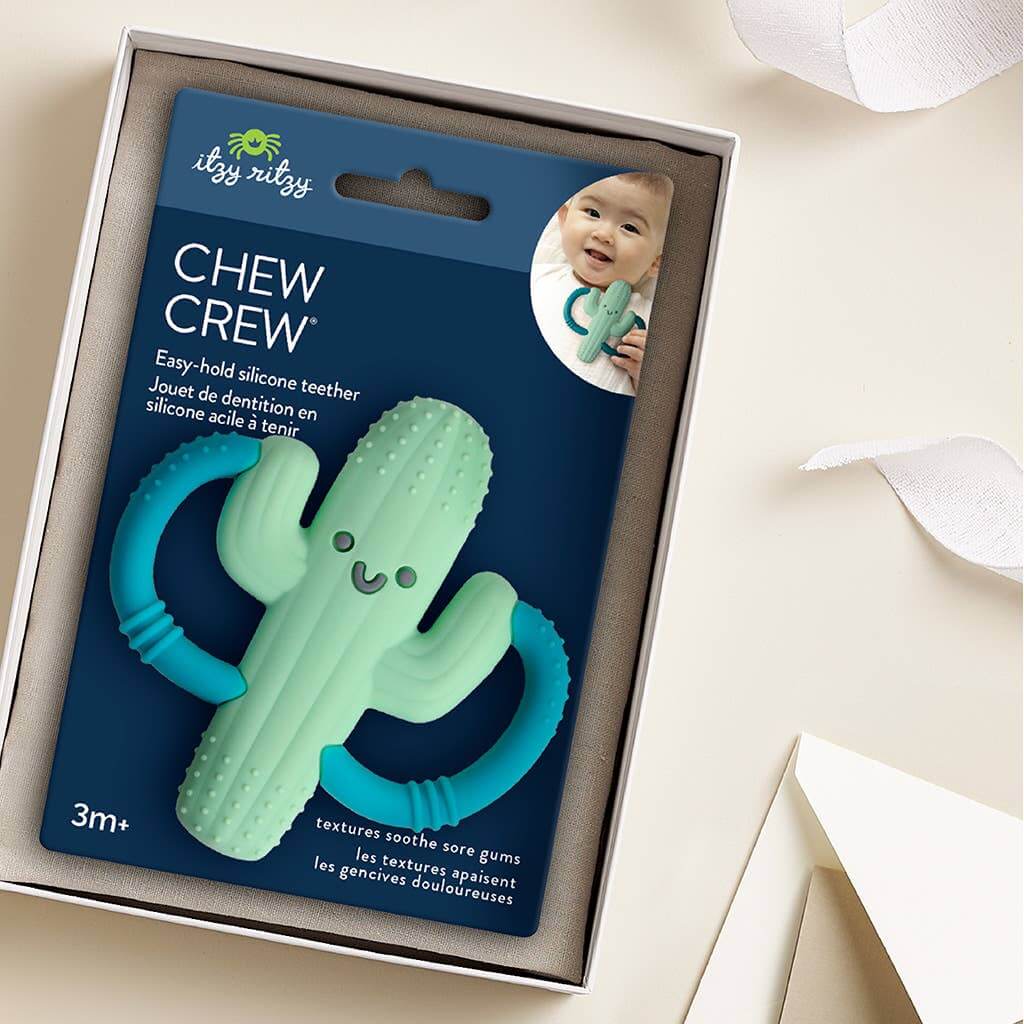 Cactus Chew Crew Silicone Teether in packaging, showcasing Cooper the Cactus teether with easy-to-hold handles for comfortable baby use.