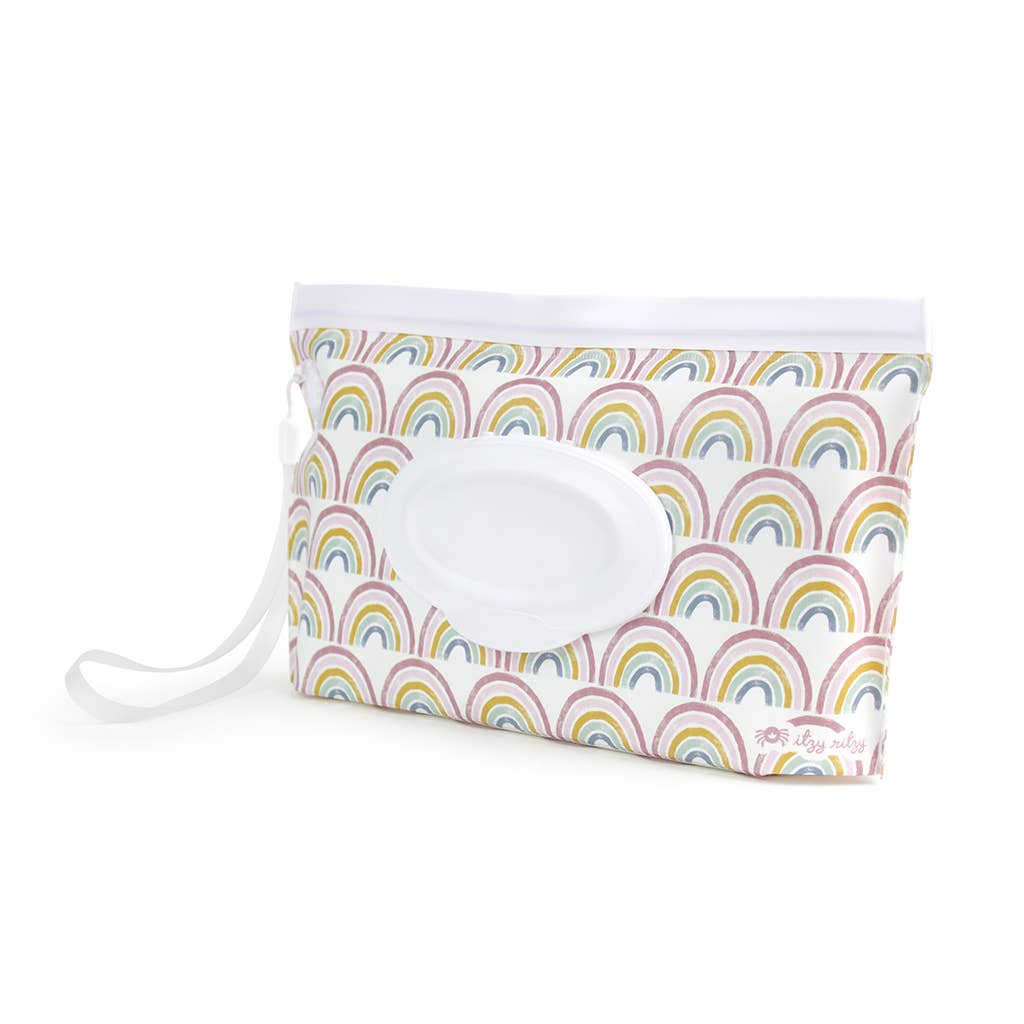 Reusable rainbow-patterned wipes case with silicone wristlet, snug seal to keep wipes fresh, holds up to 30 wipes, eco-friendly solution.