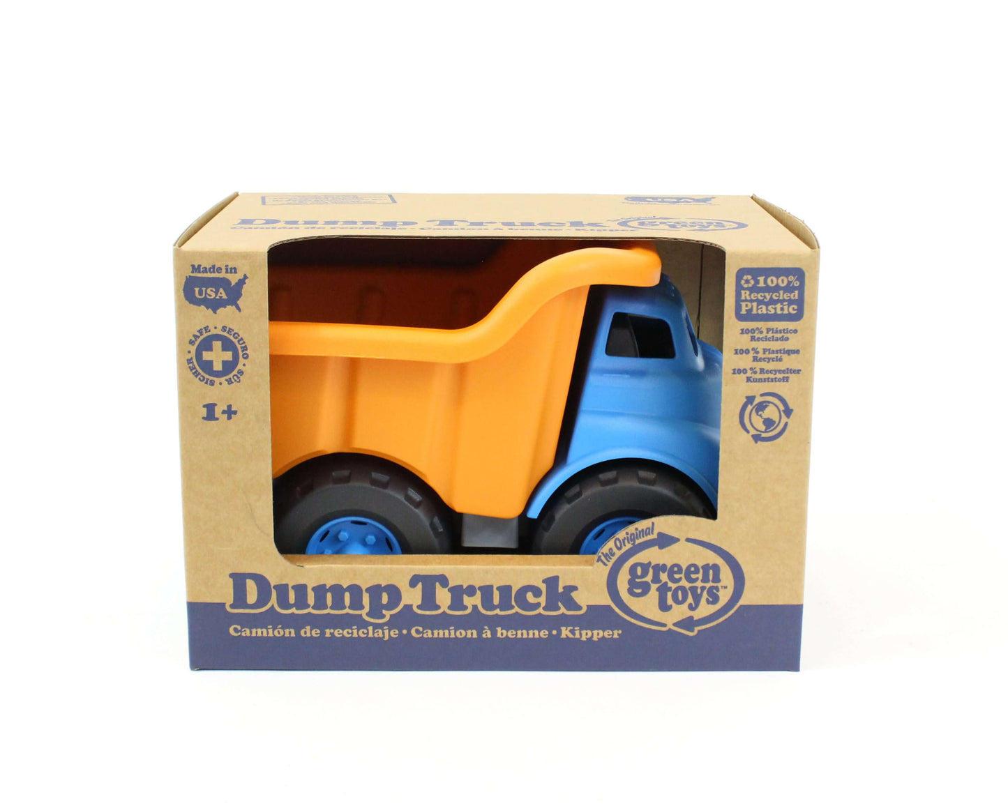 Eco-friendly Blue and Orange Dump Truck made from 100% recycled plastic. Durable, BPA-free, fun for kids, and proudly made in the USA.