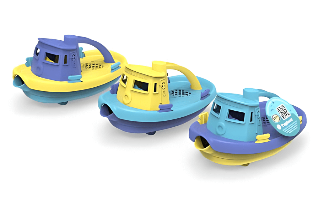 Colorful Green Toys Tugboats made from recycled ocean bound plastic for water play and eco-friendly fun in bath, pool, or puddles.