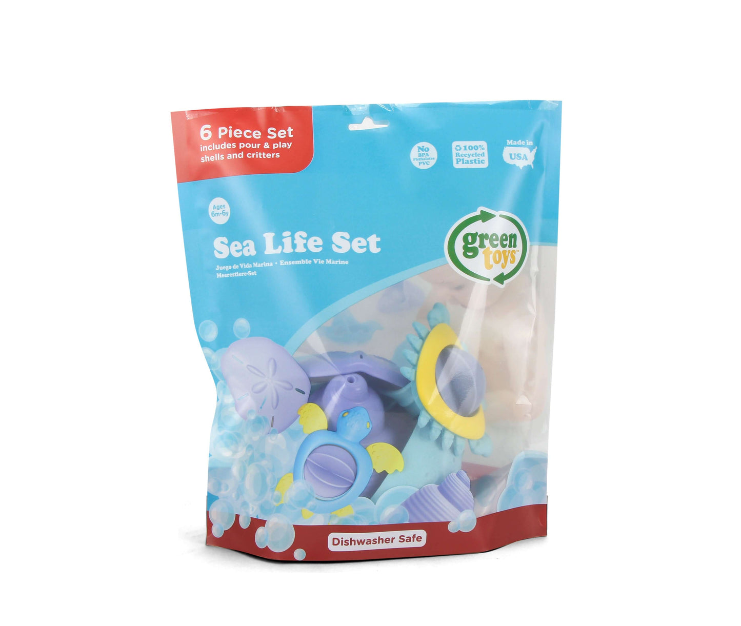Green Toys Sea Life Play Set packaging with 6 water toys, including pourers and spinners, for bath, sand, and pool fun.