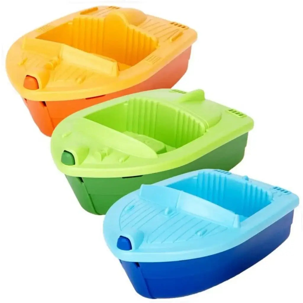 Three colorful Green Toys™ Sport Boats made from recycled plastic in green, blue, and orange, perfect for bath, pool, or beach play.