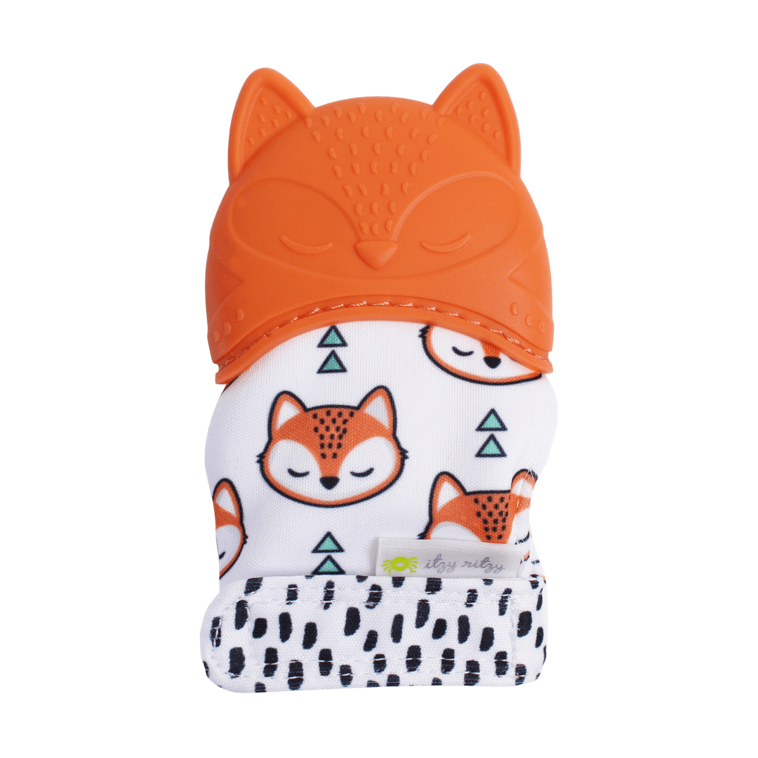 Itzy Mitt™ Silicone Teething Mitt in fox design, durable and non-toxic with a textured surface and crinkle sound for baby's gum relief