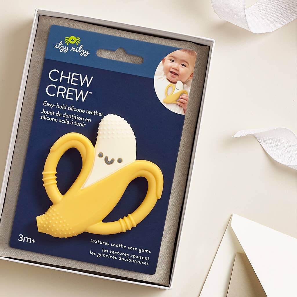 Beckett the Banana Chew Crew baby silicone teether in packaging, easy-to-grab teething toy for soothing relief by Itzy Ritzy