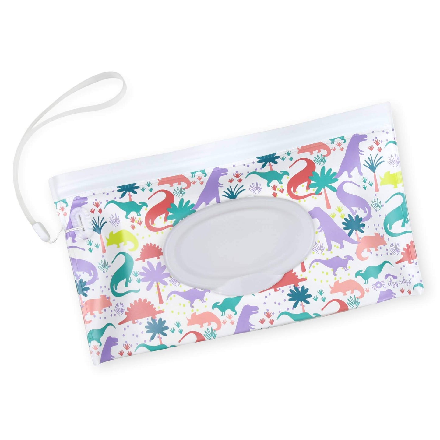 Take & Travel™ Pouch Reusable Wipes Case in Darling Dinos design with silicone wristlet, holds up to 30 wipes, eco-friendly and convenient.