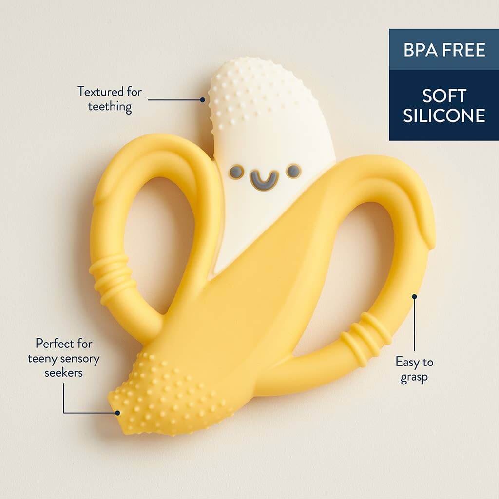 Banana Chew Crew Silicone Teether - soft silicone, BPA free, easy to grasp, textured for teething, perfect for sensory seekers.