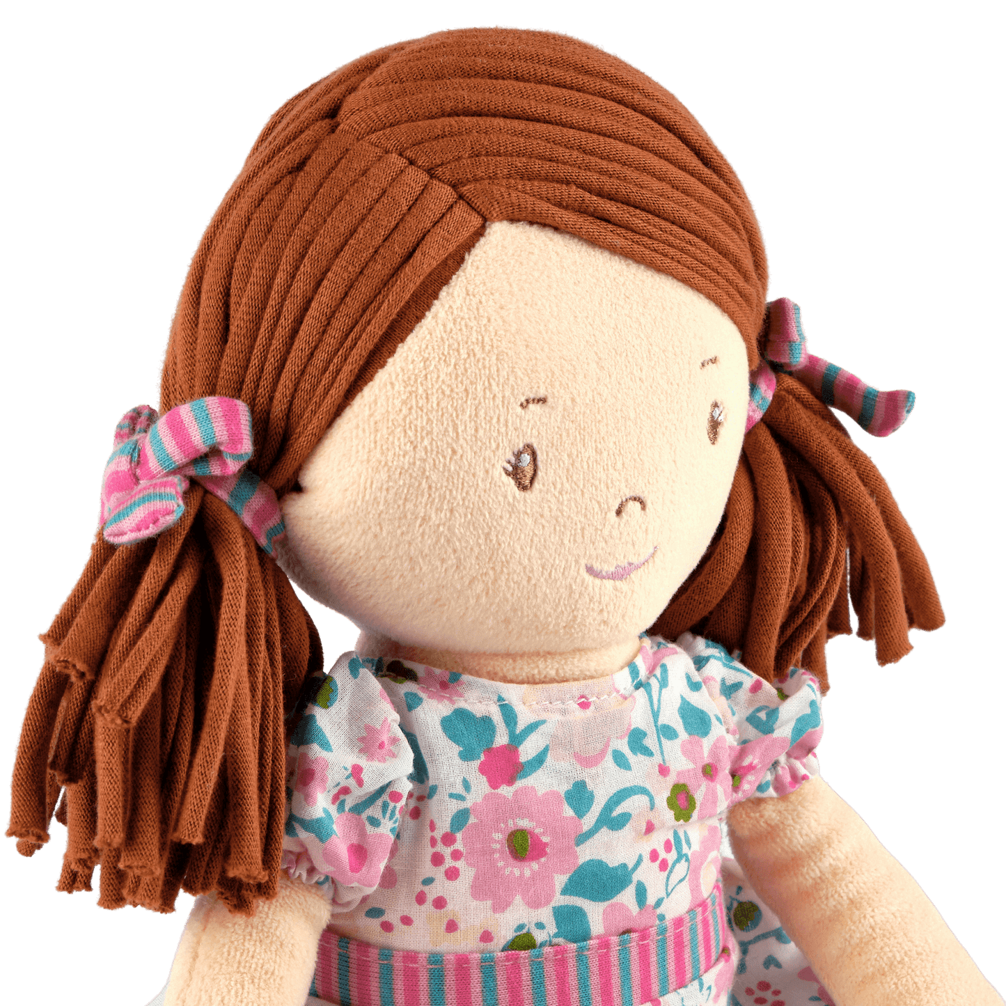 Katy - Dark Brown Hair with Pink and Seagreen Dress, Tikiri Toys, eco-friendly Toys, Mountain Kids Toys