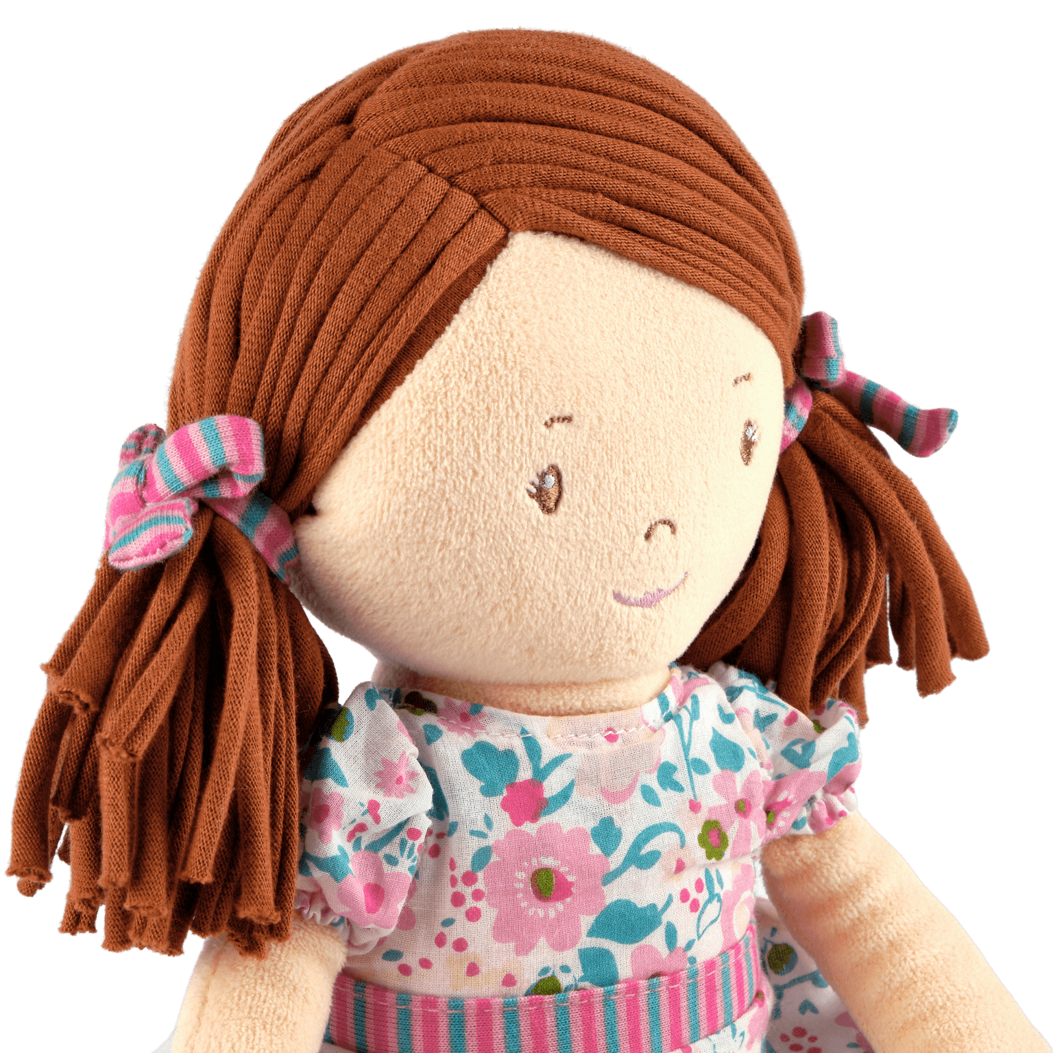 Katy - Dark Brown Hair with Pink and Seagreen Dress, Tikiri Toys, eco-friendly Toys, Mountain Kids Toys