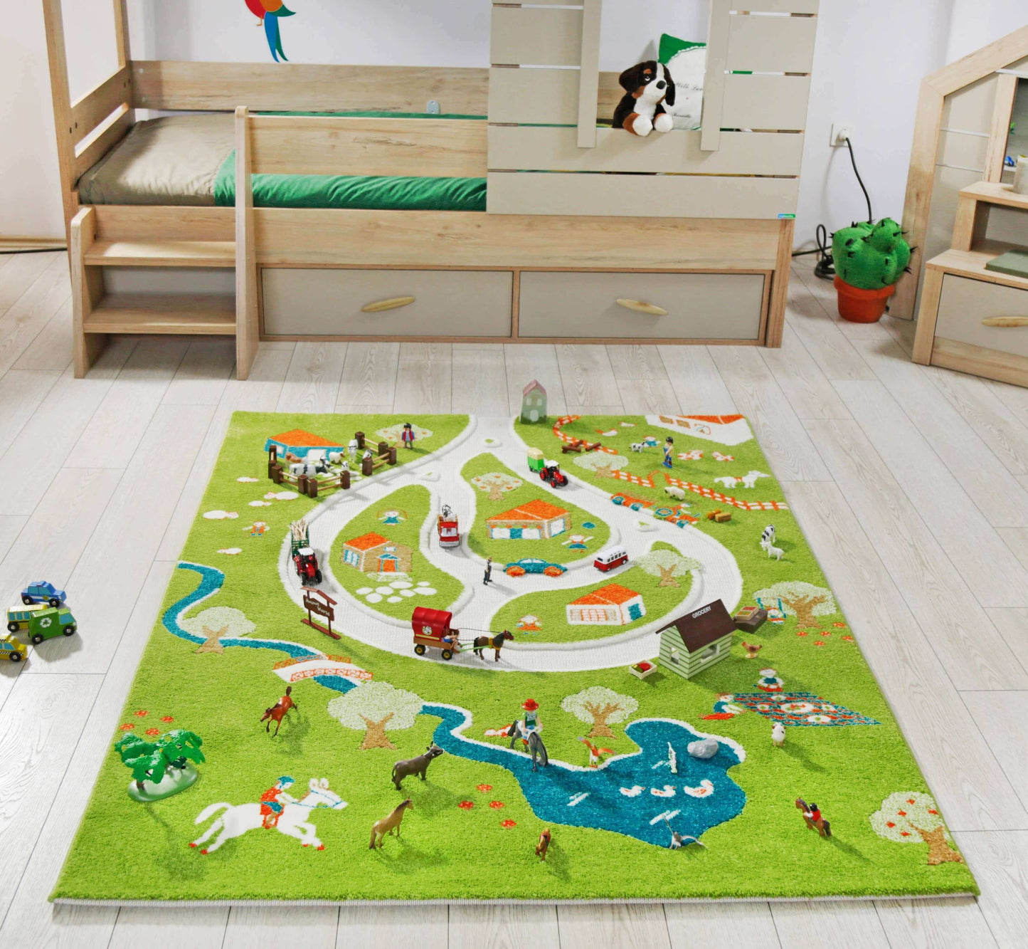 Farm 3d Play Carpet with 10pc Wooden Playset, IVI 3d Play Rugs, eco-friendly Toys, Mountain Kids Toys