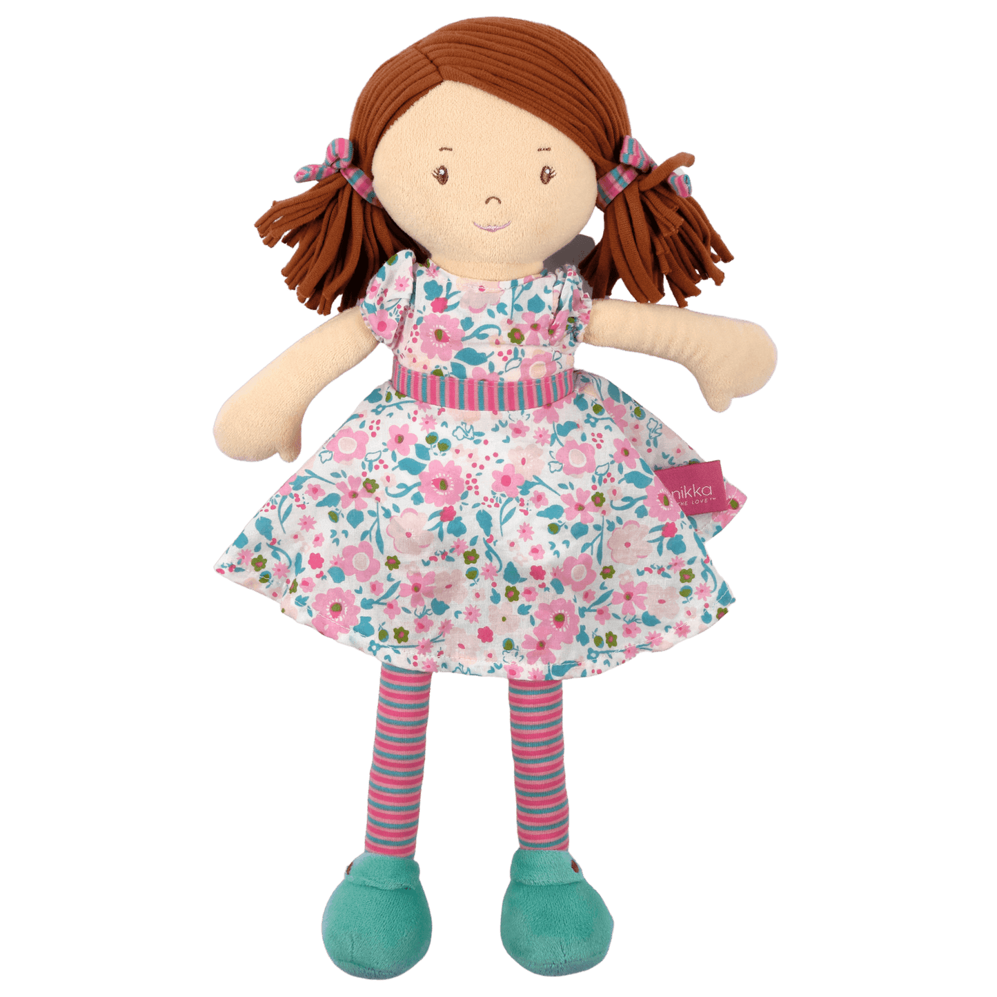 Katy - Dark Brown Hair with Pink and Seagreen Dress, Tikiri Toys, eco-friendly Toys, Mountain Kids Toys