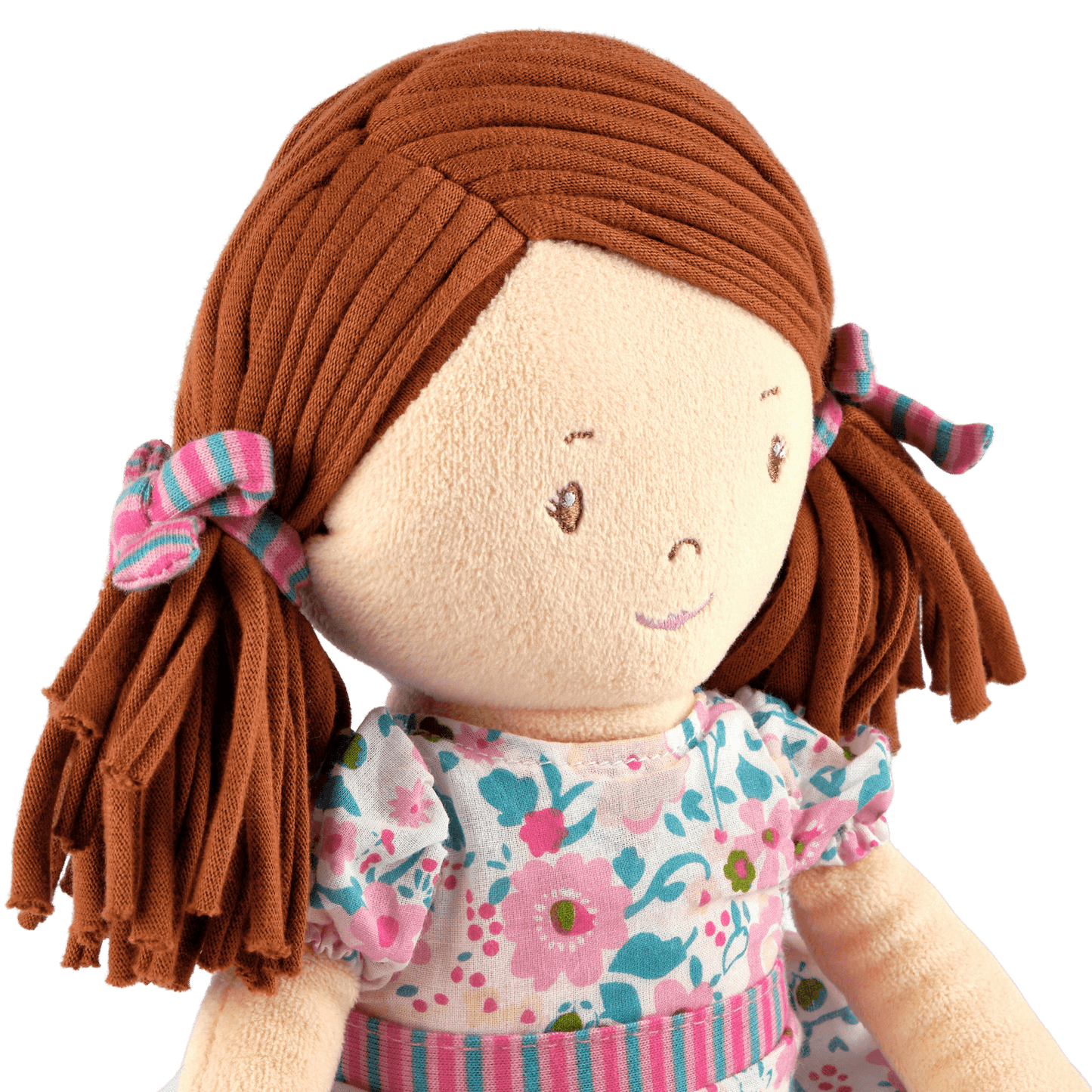 Katy - Dark Brown Hair with Pink and Seagreen Dress, Tikiri Toys, eco-friendly Toys, Mountain Kids Toys