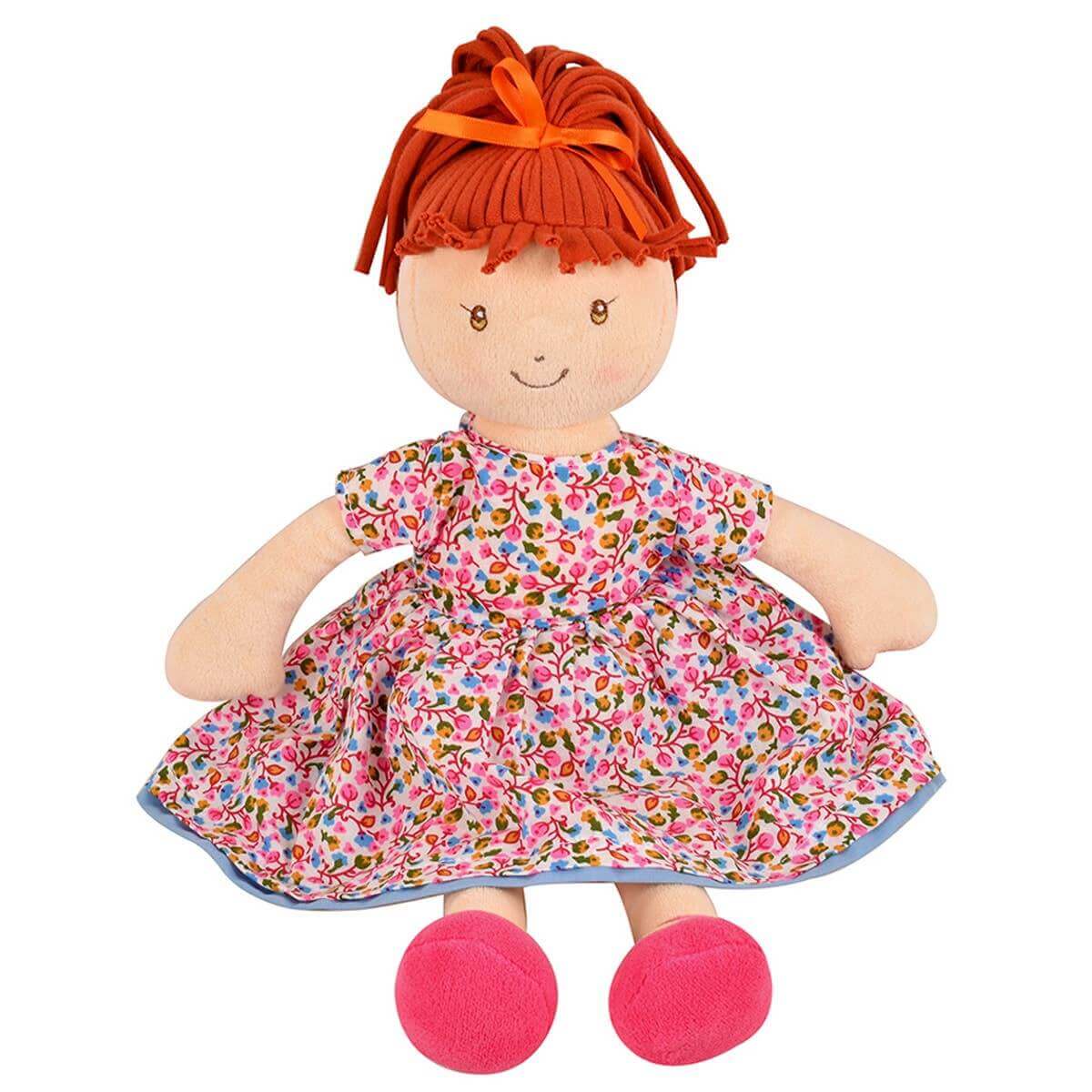 Emmy Lu - Orange Hair with Pink Print Dress, Tikiri Toys, eco-friendly Toys, Mountain Kids Toys
