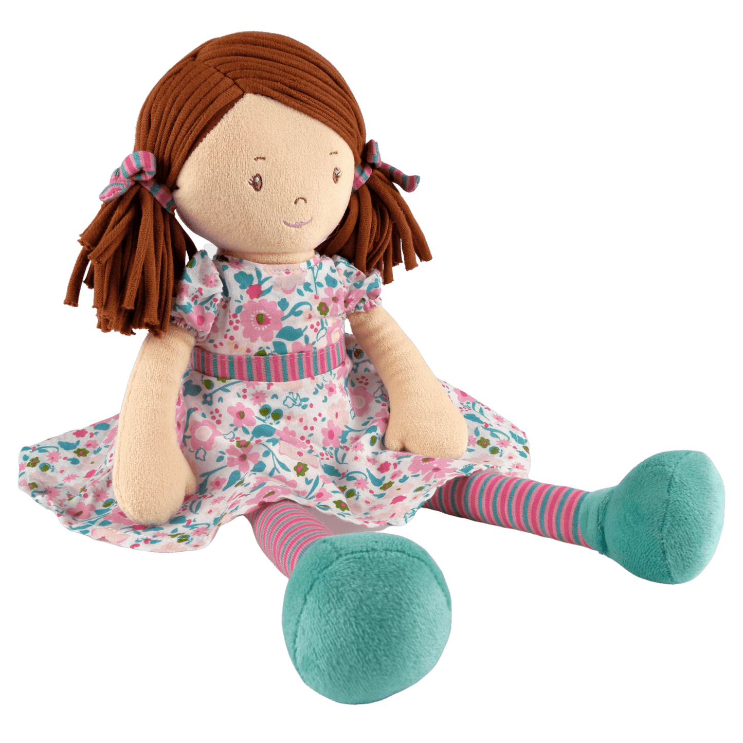 Katy - Dark Brown Hair with Pink and Seagreen Dress, Tikiri Toys, eco-friendly Toys, Mountain Kids Toys