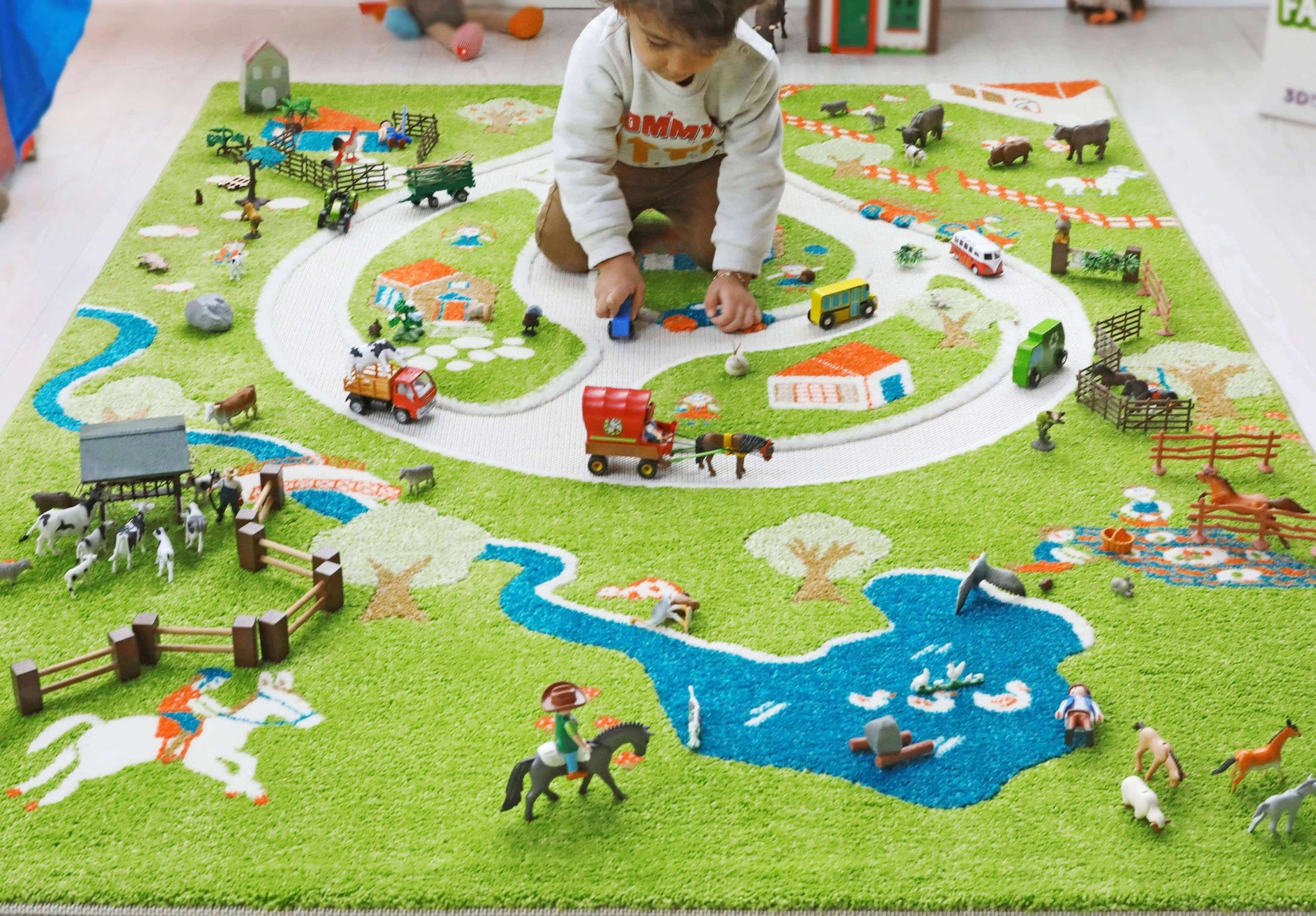 Farm 3d Play Carpet with 10pc Wooden Playset, IVI 3d Play Rugs, eco-friendly Toys, Mountain Kids Toys